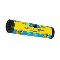 Мешки для мусора 120 л, с ушками, черные, в рулоне 10 шт., ПНД, 13 мкм, 1050х680 мм, Крепакоф, 4607075710436 в Донецке