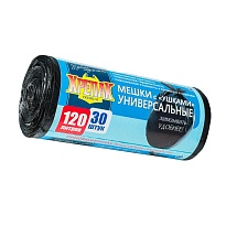 Мешки для мусора 120 л, с ушками, черные, в рулоне 30 шт., ПНД, 15 мкм, 1100х700 мм, Крепак, 4607075710375 в Донецке