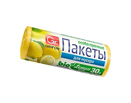 Мешки для мусора 30 л, ароматизированные, Лимон, желтые, в рулоне 20 шт., ПНД, 9 мкм, 560х530 мм, GRIFON Aroma, 101-020 Li в Донецке
